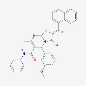 molecular formula C32H25N3O3S B302765 (2Z)-5-(3-methoxyphenyl)-7-methyl-2-(naphthalen-1-ylmethylidene)-3-oxo-N-phenyl-2,3-dihydro-5H-[1,3]thiazolo[3,2-a]pyrimidine-6-carboxamide 