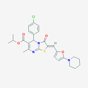 molecular formula C27H28ClN3O4S B302766 isopropyl (2Z)-5-(4-chlorophenyl)-7-methyl-3-oxo-2-[(5-piperidin-1-yl-2-furyl)methylene]-2,3-dihydro-5H-[1,3]thiazolo[3,2-a]pyrimidine-6-carboxylate 