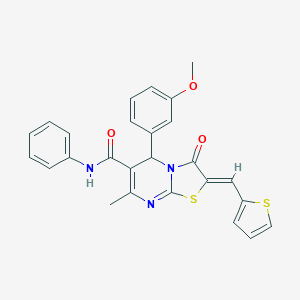 molecular formula C26H21N3O3S2 B302775 (2Z)-5-(3-methoxyphenyl)-7-methyl-3-oxo-N-phenyl-2-(thiophen-2-ylmethylidene)-2,3-dihydro-5H-[1,3]thiazolo[3,2-a]pyrimidine-6-carboxamide 