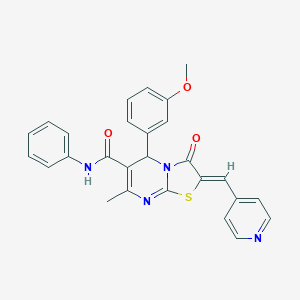 molecular formula C27H22N4O3S B302776 5-(3-methoxyphenyl)-7-methyl-3-oxo-N-phenyl-2-(4-pyridinylmethylene)-2,3-dihydro-5H-[1,3]thiazolo[3,2-a]pyrimidine-6-carboxamide 