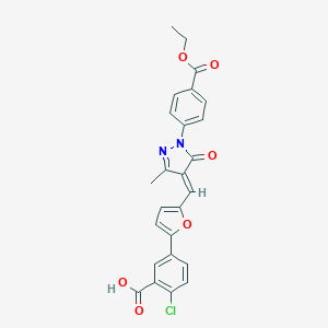 molecular formula C25H19ClN2O6 B302777 2-chloro-5-[5-({1-[4-(ethoxycarbonyl)phenyl]-3-methyl-5-oxo-1,5-dihydro-4H-pyrazol-4-ylidene}methyl)-2-furyl]benzoic acid 