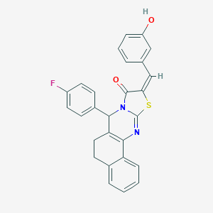 molecular formula C27H19FN2O2S B302780 7-(4-fluorophenyl)-10-(3-hydroxybenzylidene)-5,7-dihydro-6H-benzo[h][1,3]thiazolo[2,3-b]quinazolin-9(10H)-one 