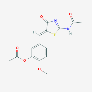 molecular formula C15H14N2O5S B302794 5-{[2-(Acetylimino)-4-oxo-1,3-thiazolidin-5-ylidene]methyl}-2-methoxyphenyl acetate 
