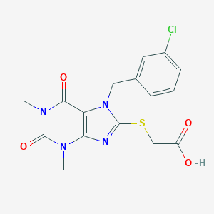 molecular formula C16H15ClN4O4S B302801 {[7-(3-chlorobenzyl)-1,3-dimethyl-2,6-dioxo-2,3,6,7-tetrahydro-1H-purin-8-yl]sulfanyl}acetic acid 
