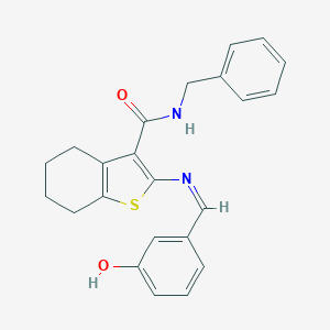 molecular formula C23H22N2O2S B302808 N-benzyl-2-[(Z)-(3-hydroxyphenyl)methylideneamino]-4,5,6,7-tetrahydro-1-benzothiophene-3-carboxamide 