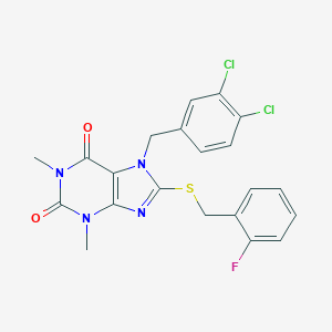 molecular formula C21H17Cl2FN4O2S B302811 7-(3,4-dichlorobenzyl)-8-[(2-fluorobenzyl)sulfanyl]-1,3-dimethyl-3,7-dihydro-1H-purine-2,6-dione 