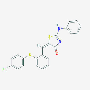 molecular formula C22H15ClN2OS2 B302818 (5E)-2-anilino-5-[[2-(4-chlorophenyl)sulfanylphenyl]methylidene]-1,3-thiazol-4-one 