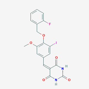 molecular formula C19H14FIN2O5 B302829 5-{4-[(2-fluorobenzyl)oxy]-3-iodo-5-methoxybenzylidene}pyrimidine-2,4,6(1H,3H,5H)-trione 