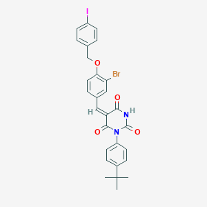 molecular formula C28H24BrIN2O4 B302830 (5E)-5-{3-bromo-4-[(4-iodobenzyl)oxy]benzylidene}-1-(4-tert-butylphenyl)pyrimidine-2,4,6(1H,3H,5H)-trione 
