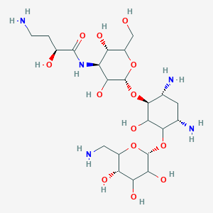 molecular formula C22H43N5O13 B3029054 (2S)-4-氨基-N-[(2S,4S,5S)-2-[(1S,4S,6R)-4,6-二氨基-3-[(2R,5S)-6-(氨基甲基)-3,4,5-三羟基氧杂环-2-基]氧基-2-羟基环己基]氧基-3,5-二羟基-6-(羟甲基)氧杂环-4-基]-2-羟基丁酰胺 CAS No. 50725-25-2