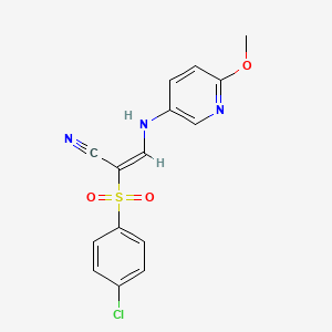 (E)-2-(4-chlorophenyl)sulfonyl-3-[(6-methoxypyridin-3-yl)amino]prop-2-enenitrile