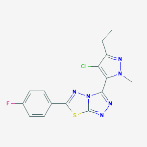 molecular formula C15H12ClFN6S B303396 3-(4-chloro-3-ethyl-1-methyl-1H-pyrazol-5-yl)-6-(4-fluorophenyl)[1,2,4]triazolo[3,4-b][1,3,4]thiadiazole 