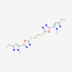 molecular formula C18H22N8O2S2 B303397 2-(3-ethyl-1-methyl-1H-pyrazol-5-yl)-5-[(2-{[5-(3-ethyl-1-methyl-1H-pyrazol-5-yl)-1,3,4-oxadiazol-2-yl]sulfanyl}ethyl)sulfanyl]-1,3,4-oxadiazole 
