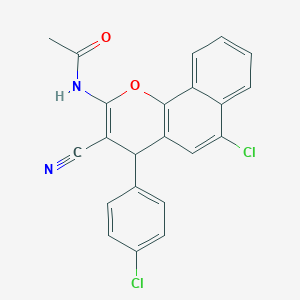 molecular formula C22H14Cl2N2O2 B303401 N-[6-chloro-4-(4-chlorophenyl)-3-cyano-4H-benzo[h]chromen-2-yl]acetamide 