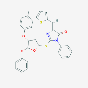 molecular formula C32H28N2O4S2 B303456 2-{[4,5-bis(4-methylphenoxy)tetrahydro-2-furanyl]sulfanyl}-3-phenyl-5-(2-thienylmethylene)-3,5-dihydro-4H-imidazol-4-one 