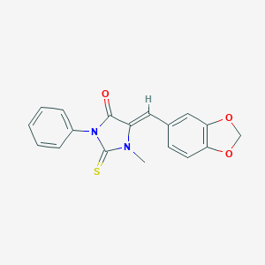 molecular formula C18H14N2O3S B303466 5-(1,3-Benzodioxol-5-ylmethylene)-1-methyl-3-phenyl-2-thioxo-4-imidazolidinone 