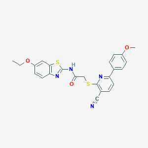 molecular formula C24H20N4O3S2 B303500 2-{[3-cyano-6-(4-methoxyphenyl)-2-pyridinyl]sulfanyl}-N-(6-ethoxy-1,3-benzothiazol-2-yl)acetamide 