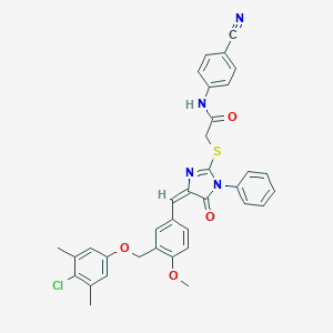 molecular formula C35H29ClN4O4S B303501 2-[(4-{3-[(4-chloro-3,5-dimethylphenoxy)methyl]-4-methoxybenzylidene}-5-oxo-1-phenyl-4,5-dihydro-1H-imidazol-2-yl)sulfanyl]-N-(4-cyanophenyl)acetamide 
