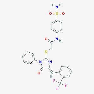 molecular formula C25H19F3N4O4S2 B303502 2-[(4Z)-5-oxo-1-phenyl-4-[[2-(trifluoromethyl)phenyl]methylidene]imidazol-2-yl]sulfanyl-N-(4-sulfamoylphenyl)acetamide 