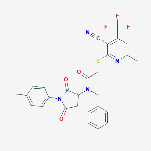 molecular formula C28H23F3N4O3S B303503 N-benzyl-2-{[3-cyano-6-methyl-4-(trifluoromethyl)-2-pyridinyl]sulfanyl}-N-[1-(4-methylphenyl)-2,5-dioxo-3-pyrrolidinyl]acetamide 