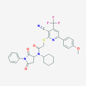 molecular formula C32H29F3N4O4S B303504 2-{[3-cyano-6-(4-methoxyphenyl)-4-(trifluoromethyl)-2-pyridinyl]sulfanyl}-N-cyclohexyl-N-(2,5-dioxo-1-phenyl-3-pyrrolidinyl)acetamide 