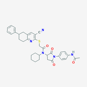 molecular formula C36H37N5O4S B303505 N-{1-[4-(acetylamino)phenyl]-2,5-dioxo-3-pyrrolidinyl}-2-[(3-cyano-6-phenyl-5,6,7,8-tetrahydro-2-quinolinyl)sulfanyl]-N-cyclohexylacetamide 