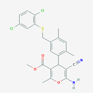 molecular formula C24H22Cl2N2O3S B303506 methyl 6-amino-5-cyano-4-(5-{[(2,5-dichlorophenyl)sulfanyl]methyl}-2,4-dimethylphenyl)-2-methyl-4H-pyran-3-carboxylate 