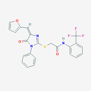 molecular formula C23H16F3N3O3S B303509 2-{[4-(2-furylmethylene)-5-oxo-1-phenyl-4,5-dihydro-1H-imidazol-2-yl]sulfanyl}-N-[2-(trifluoromethyl)phenyl]acetamide 