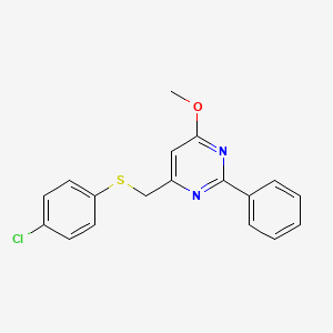 molecular formula C18H15ClN2OS B3035125 6-{[(4-Chlorophenyl)sulfanyl]methyl}-2-phenyl-4-pyrimidinyl methyl ether CAS No. 303147-18-4