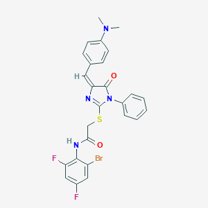 molecular formula C26H21BrF2N4O2S B303515 N-(2-bromo-4,6-difluorophenyl)-2-({4-[4-(dimethylamino)benzylidene]-5-oxo-1-phenyl-4,5-dihydro-1H-imidazol-2-yl}sulfanyl)acetamide 
