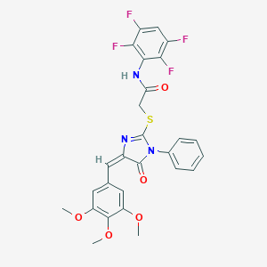 molecular formula C27H21F4N3O5S B303516 2-{[5-oxo-1-phenyl-4-(3,4,5-trimethoxybenzylidene)-4,5-dihydro-1H-imidazol-2-yl]sulfanyl}-N-(2,3,5,6-tetrafluorophenyl)acetamide 
