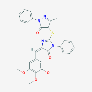 molecular formula C29H26N4O5S B303518 5-methyl-4-{[5-oxo-1-phenyl-4-(3,4,5-trimethoxybenzylidene)-4,5-dihydro-1H-imidazol-2-yl]sulfanyl}-2-phenyl-2,4-dihydro-3H-pyrazol-3-one 
