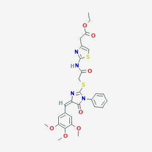 molecular formula C28H28N4O7S2 B303521 ethyl {2-[({[5-oxo-1-phenyl-4-(3,4,5-trimethoxybenzylidene)-4,5-dihydro-1H-imidazol-2-yl]sulfanyl}acetyl)amino]-1,3-thiazol-4-yl}acetate 