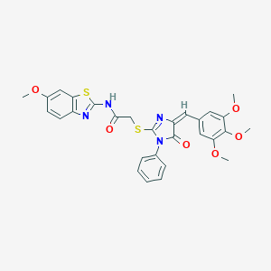 molecular formula C29H26N4O6S2 B303522 N-(6-methoxy-1,3-benzothiazol-2-yl)-2-{[5-oxo-1-phenyl-4-(3,4,5-trimethoxybenzylidene)-4,5-dihydro-1H-imidazol-2-yl]sulfanyl}acetamide 