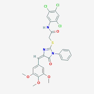 molecular formula C27H22Cl3N3O5S B303524 2-{[5-oxo-1-phenyl-4-(3,4,5-trimethoxybenzylidene)-4,5-dihydro-1H-imidazol-2-yl]sulfanyl}-N-(2,4,5-trichlorophenyl)acetamide 
