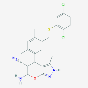 molecular formula C23H20Cl2N4OS B303527 6-Amino-4-(5-{[(2,5-dichlorophenyl)sulfanyl]methyl}-2,4-dimethylphenyl)-3-methyl-2,4-dihydropyrano[2,3-c]pyrazole-5-carbonitrile 