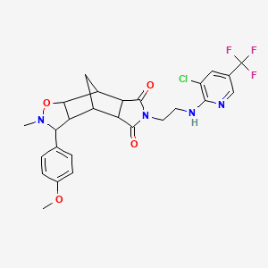 molecular formula C26H26ClF3N4O4 B3035317 10-[2-[[3-Chloro-5-(trifluoromethyl)pyridin-2-yl]amino]ethyl]-5-(4-methoxyphenyl)-4-methyl-3-oxa-4,10-diazatetracyclo[5.5.1.02,6.08,12]tridecane-9,11-dione CAS No. 317820-40-9
