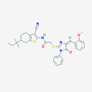 molecular formula C33H34N4O3S2 B303532 N-(3-cyano-6-tert-pentyl-4,5,6,7-tetrahydro-1-benzothien-2-yl)-2-{[4-(2-methoxybenzylidene)-5-oxo-1-phenyl-4,5-dihydro-1H-imidazol-2-yl]sulfanyl}acetamide 