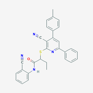 molecular formula C30H24N4OS B303533 2-{[3-cyano-4-(4-methylphenyl)-6-phenylpyridin-2-yl]sulfanyl}-N-(2-cyanophenyl)butanamide 