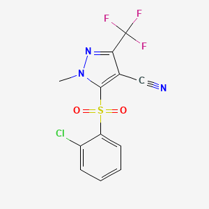 molecular formula C12H7ClF3N3O2S B3035330 5-[(2-chlorophenyl)sulfonyl]-1-methyl-3-(trifluoromethyl)-1H-pyrazole-4-carbonitrile CAS No. 318239-37-1