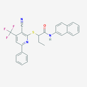 molecular formula C27H20F3N3OS B303535 2-{[3-cyano-6-phenyl-4-(trifluoromethyl)-2-pyridinyl]sulfanyl}-N-(2-naphthyl)butanamide 