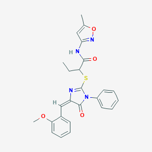 molecular formula C25H24N4O4S B303537 2-{[4-(2-methoxybenzylidene)-5-oxo-1-phenyl-4,5-dihydro-1H-imidazol-2-yl]sulfanyl}-N-(5-methylisoxazol-3-yl)butanamide 