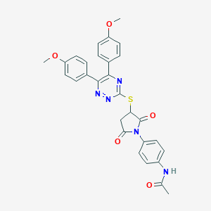 molecular formula C29H25N5O5S B303545 N-[4-(3-{[5,6-bis(4-methoxyphenyl)-1,2,4-triazin-3-yl]sulfanyl}-2,5-dioxo-1-pyrrolidinyl)phenyl]acetamide 