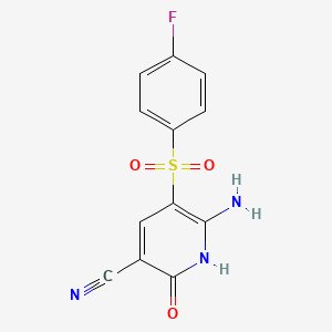 molecular formula C12H8FN3O3S B3035910 6-氨基-5-[(4-氟苯基)磺酰基]-2-羟基烟腈 CAS No. 338774-49-5