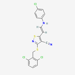 molecular formula C19H12Cl3N3S2 B3035933 5-[2-(4-Chloroanilino)vinyl]-3-[(2,6-dichlorobenzyl)sulfanyl]-4-isothiazolecarbonitrile CAS No. 338778-55-5