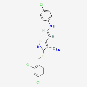 molecular formula C19H12Cl3N3S2 B3035936 5-[(E)-2-(4-chloroanilino)ethenyl]-3-[(2,4-dichlorophenyl)methylsulfanyl]-1,2-thiazole-4-carbonitrile CAS No. 338778-73-7