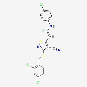 molecular formula C19H12Cl3N3S2 B3035936 5-[(E)-2-(4-氯苯胺)乙烯基]-3-[(2,4-二氯苯基)甲基硫anyl]-1,2-噻唑-4-腈 CAS No. 338778-73-7