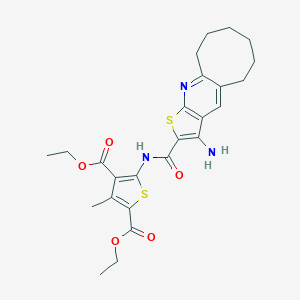molecular formula C25H29N3O5S2 B303595 Diethyl 5-{[(3-amino-5,6,7,8,9,10-hexahydrocycloocta[b]thieno[3,2-e]pyridin-2-yl)carbonyl]amino}-3-methyl-2,4-thiophenedicarboxylate 