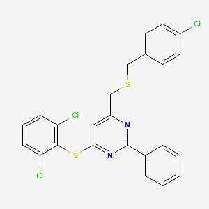 molecular formula C24H17Cl3N2S2 B3036046 4-(((4-Chlorobenzyl)sulfanyl)methyl)-6-((2,6-dichlorophenyl)sulfanyl)-2-phenylpyrimidine CAS No. 338960-73-9