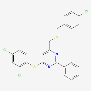 molecular formula C24H17Cl3N2S2 B3036048 4-(((4-Chlorobenzyl)sulfanyl)methyl)-6-((2,4-dichlorophenyl)sulfanyl)-2-phenylpyrimidine CAS No. 338960-75-1